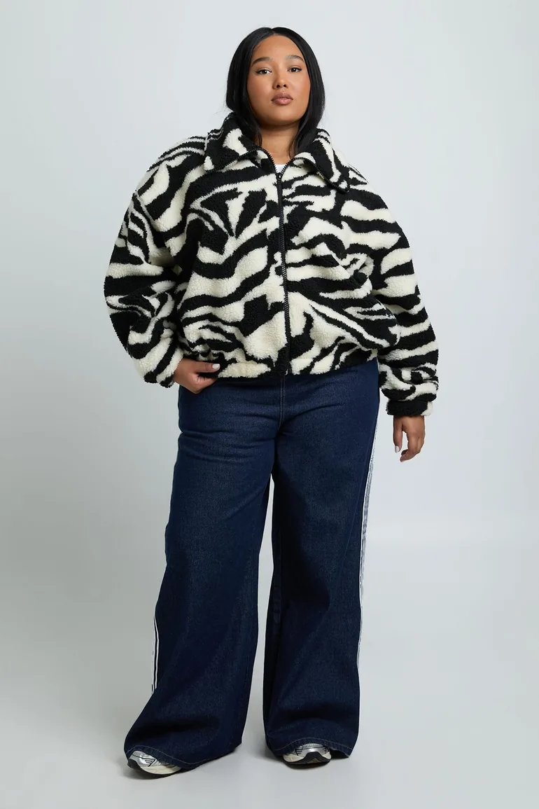 Plus Zebra Funnel Neck Teddy Bomber Jacket - zebra