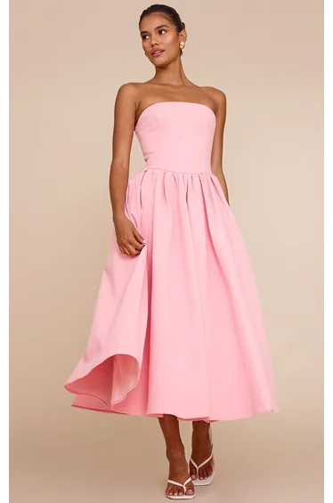 Candy Pink Woven Bandeau Ruched Skater Midaxi Dress