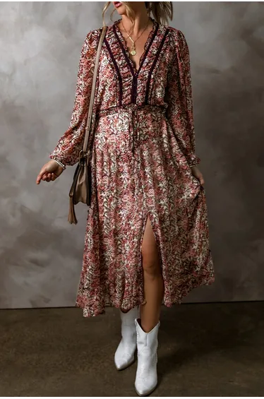 Lvness Brown Floral Print Split Front Tiered Frilled V Neck Midi Dress