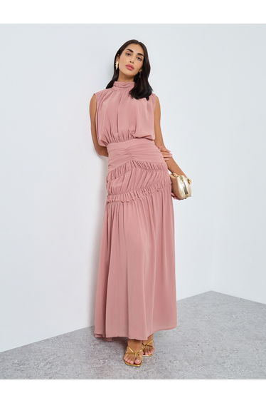 Pink Pleating Waist Sleeveless Maxi Dress