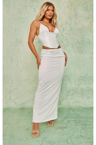 White Sequin Embellished Split Back Maxi Skirt