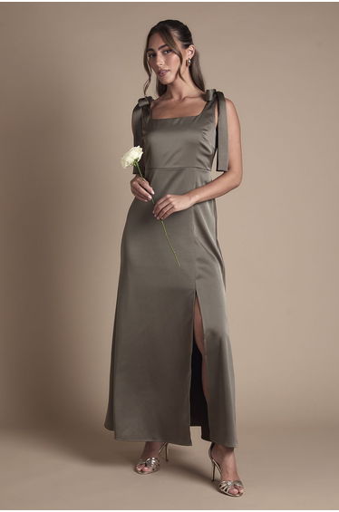 Olive Satin Tie Shoulder Midi Bridesmaid Dress