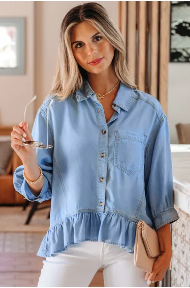 Lvness Blue Half Sleeve Button Down Ruffled High Low Chambray Shirt