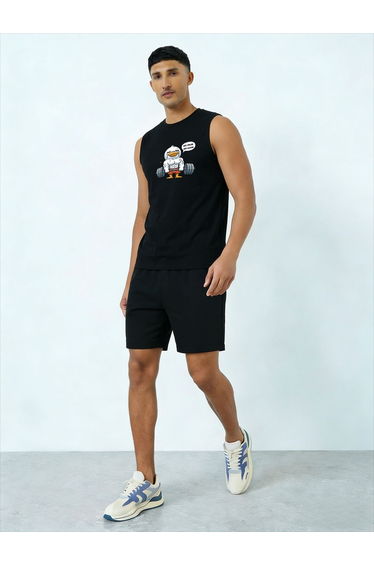 Men Black Graphic Print Round Neck Tank and Shorts Co-Ords