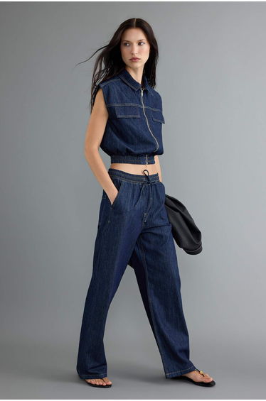 Dark Blue Draped Vest Jeans Denim Bottom - Top Set