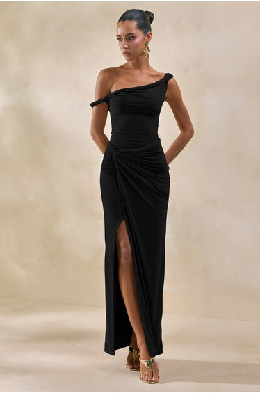Idris | Black Twisted Waist Maxi Skirt With Front Split