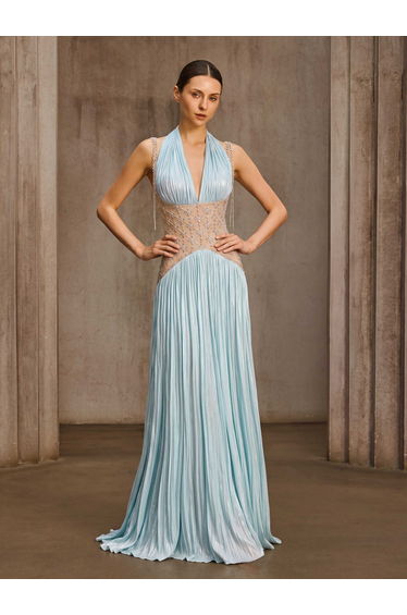 Delvion Halterneck Rhinestone Pleated Maxi Dress