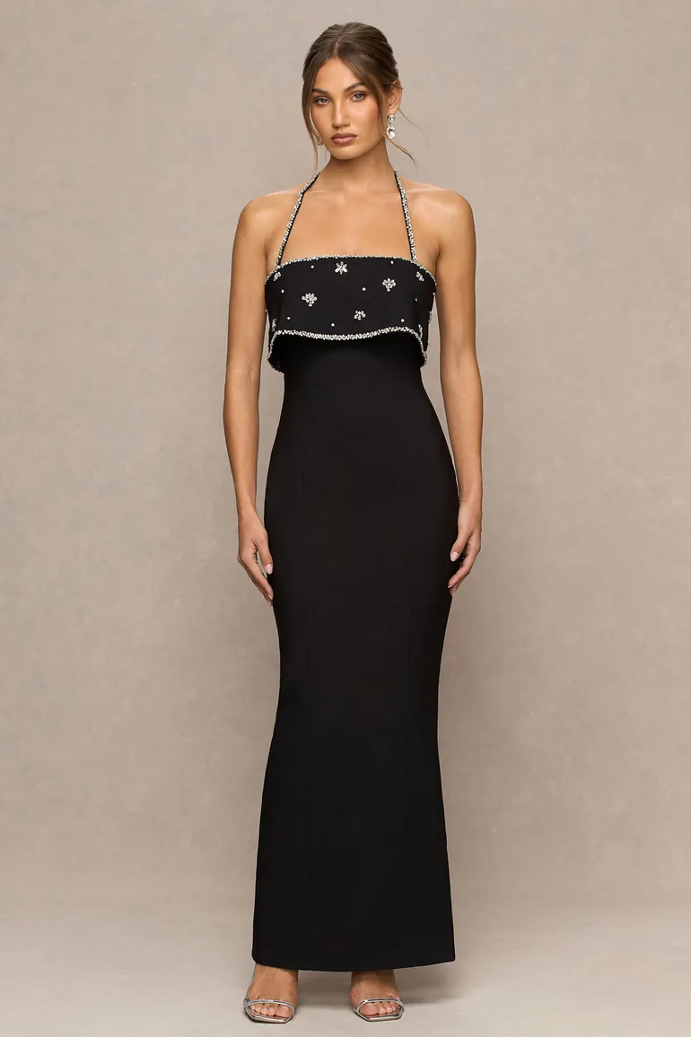 فستان ماكسي بأكتاف مكشوفة مزين يدويا بالأحجار - أسود