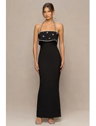 فستان ماكسي بأكتاف مكشوفة مزين يدويا بالأحجار - أسود