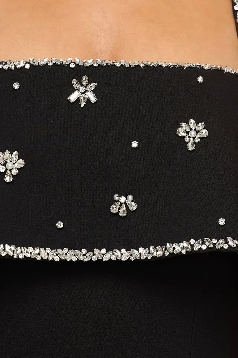 فستان ماكسي بأكتاف مكشوفة مزين يدويا بالأحجار - أسود - 6