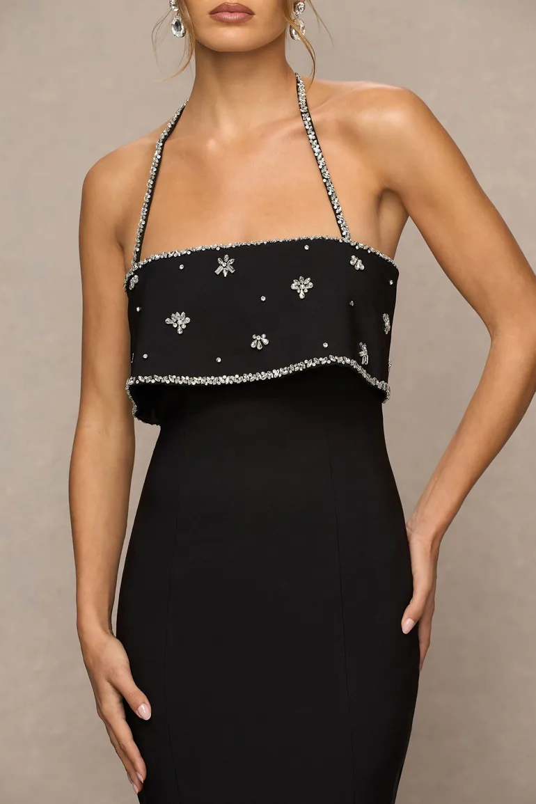 فستان ماكسي بأكتاف مكشوفة مزين يدويا بالأحجار - أسود - 2