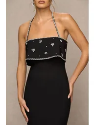 فستان ماكسي بأكتاف مكشوفة مزين يدويا بالأحجار - أسود - 2