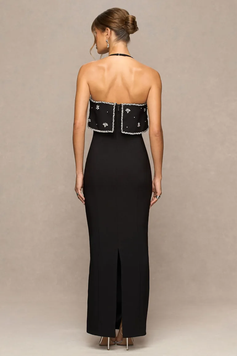 فستان ماكسي بأكتاف مكشوفة مزين يدويا بالأحجار - أسود - 1