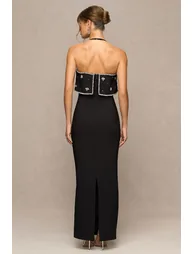 فستان ماكسي بأكتاف مكشوفة مزين يدويا بالأحجار - أسود - 1