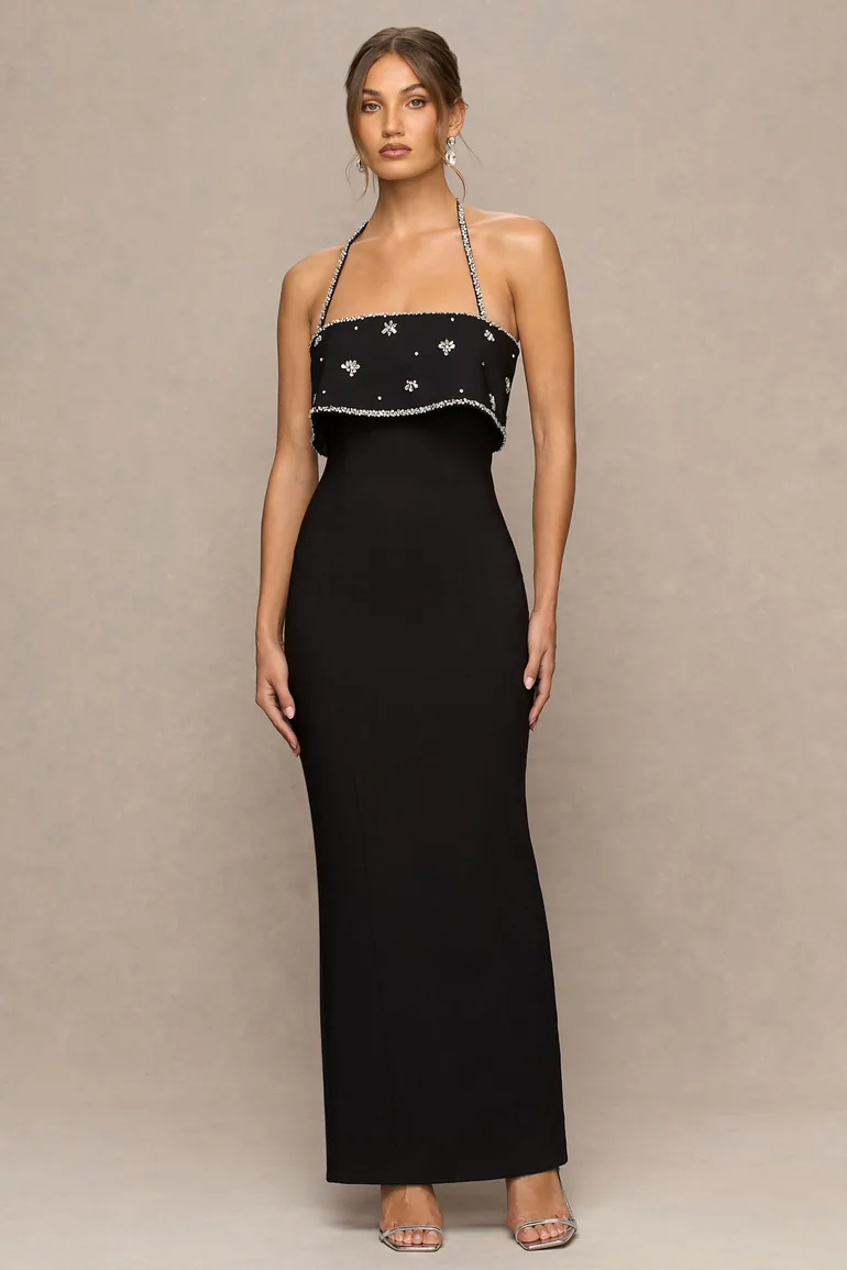 فستان ماكسي بأكتاف مكشوفة مزين يدويا بالأحجار - أسود - 4