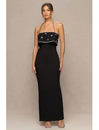 فستان ماكسي بأكتاف مكشوفة مزين يدويا بالأحجار - أسود - 4