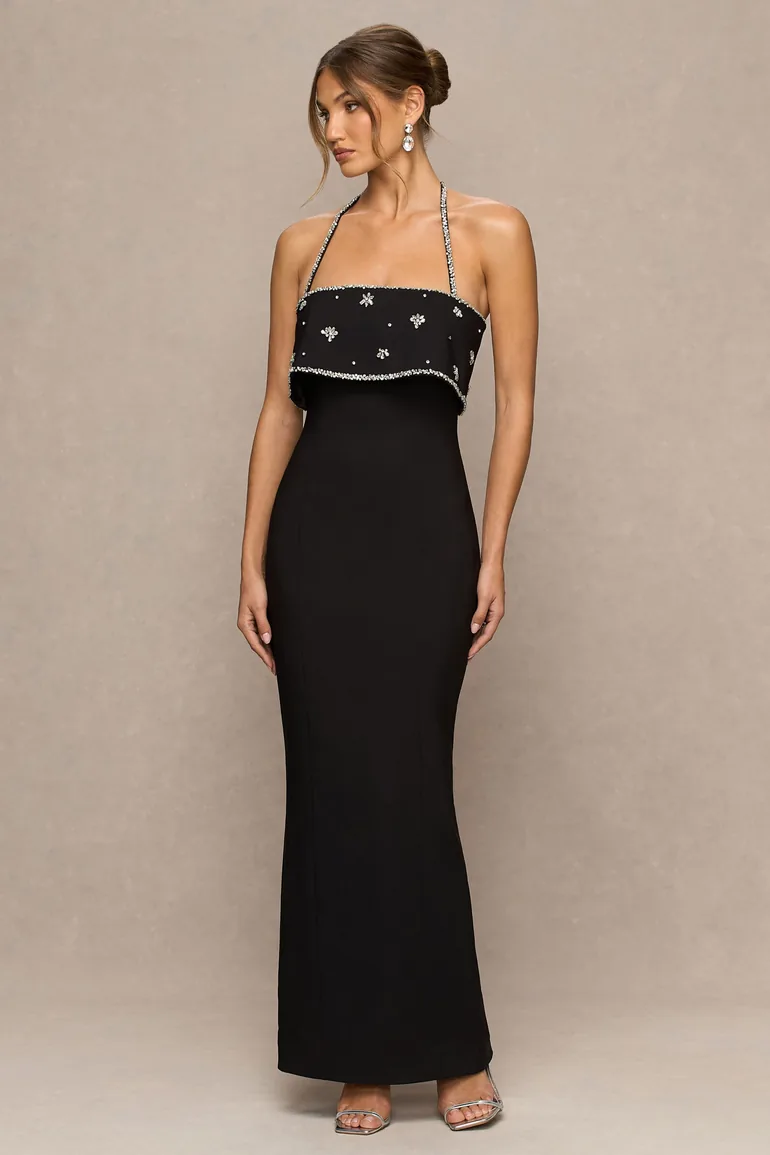 فستان ماكسي بأكتاف مكشوفة مزين يدويا بالأحجار - أسود - 3