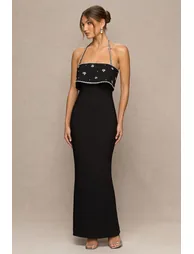 فستان ماكسي بأكتاف مكشوفة مزين يدويا بالأحجار - أسود - 3
