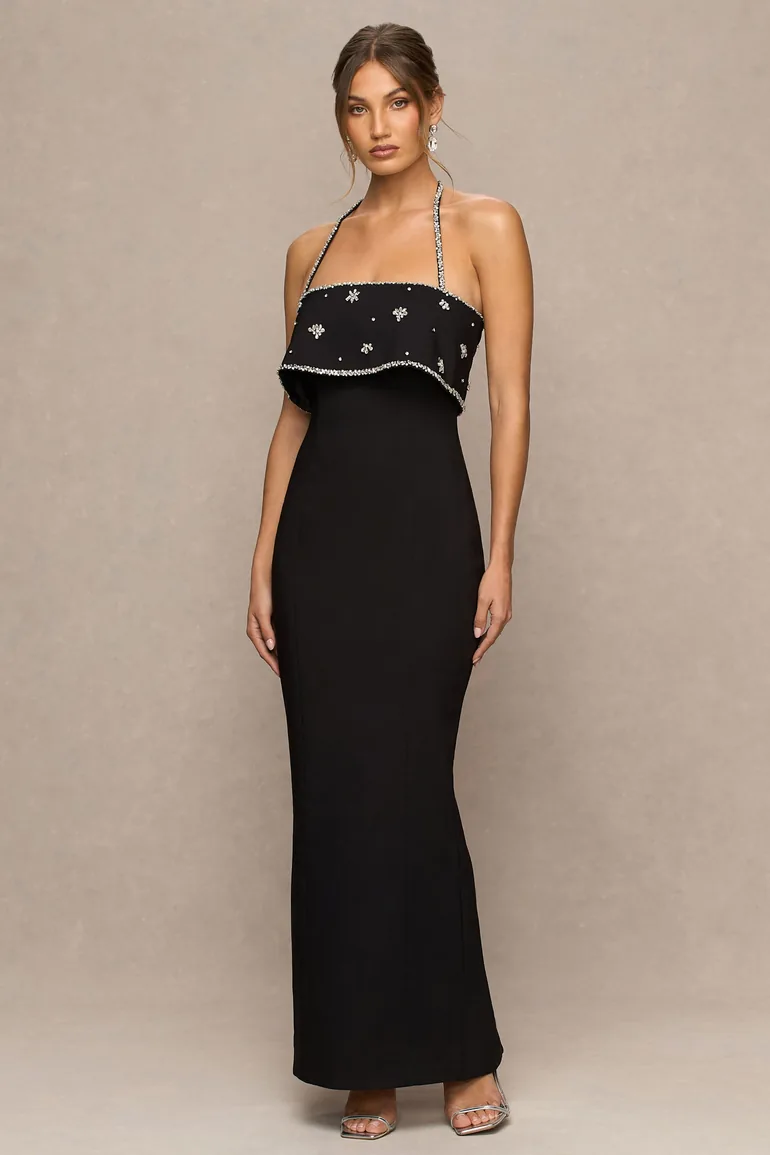 فستان ماكسي بأكتاف مكشوفة مزين يدويا بالأحجار - أسود - 5