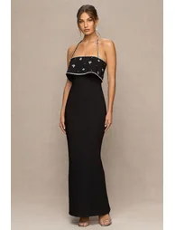 فستان ماكسي بأكتاف مكشوفة مزين يدويا بالأحجار - أسود - 5