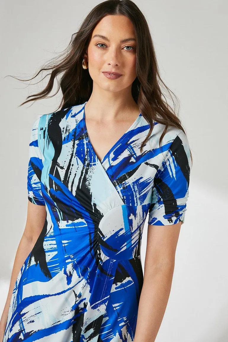 فستان ميدي جيرسية بتصميم لف بطبعة - أزرق - 3