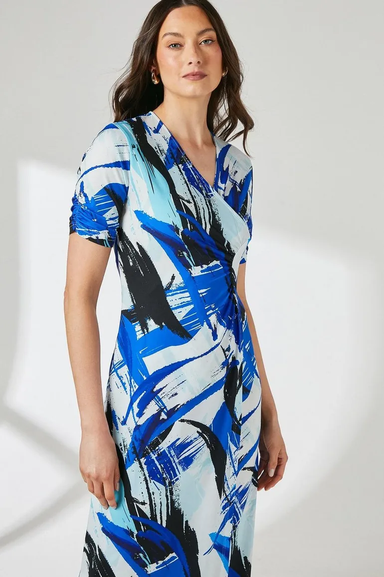 فستان ميدي جيرسية بتصميم لف بطبعة - أزرق - 1