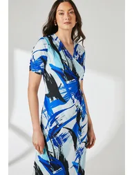 فستان ميدي جيرسية بتصميم لف بطبعة - أزرق - 1