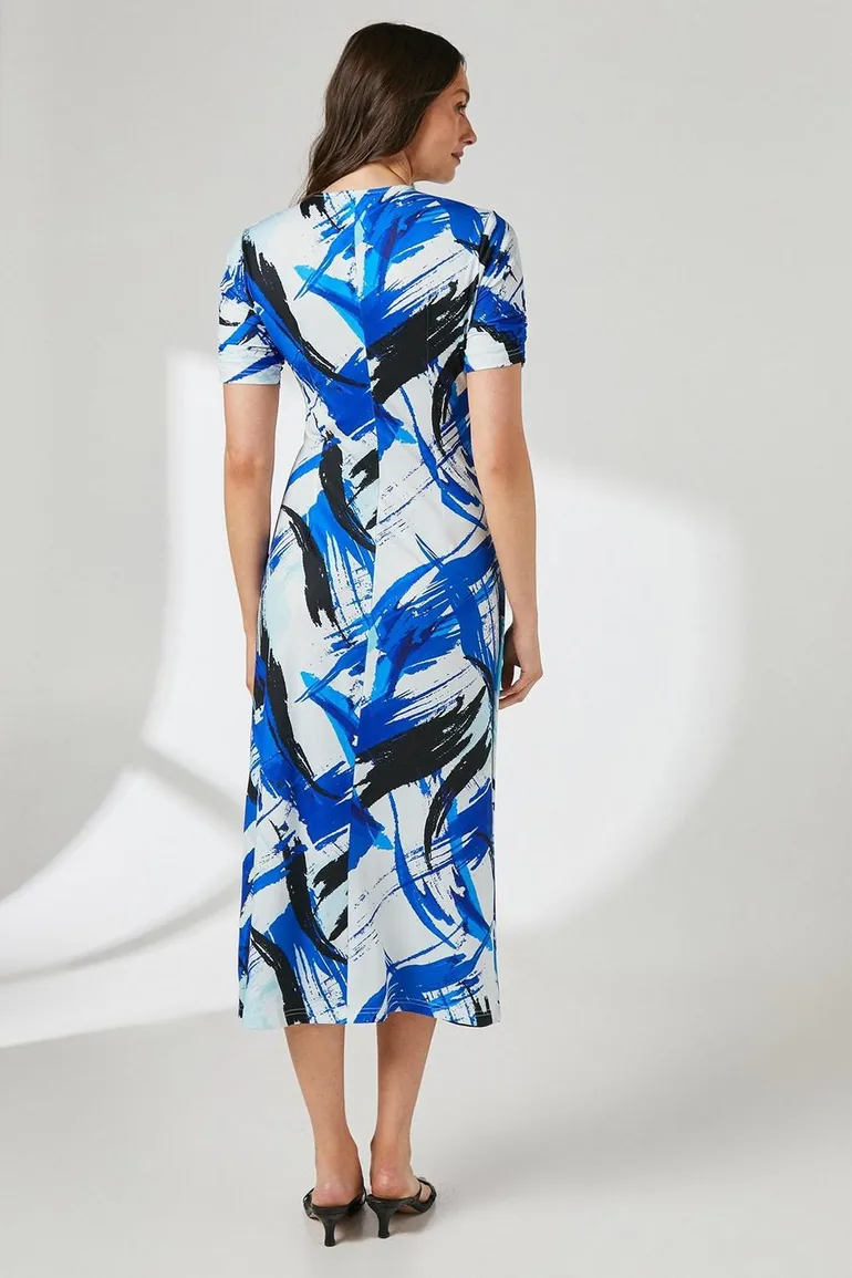 فستان ميدي جيرسية بتصميم لف بطبعة - أزرق - 2