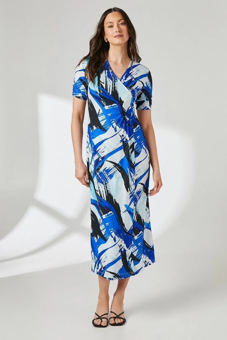 فستان ميدي جيرسية بتصميم لف بطبعة - أزرق