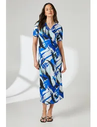 فستان ميدي جيرسية بتصميم لف بطبعة - أزرق