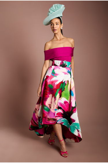Lisa Tan Bardot Bandage Hi-Lo Printed Midi Dress