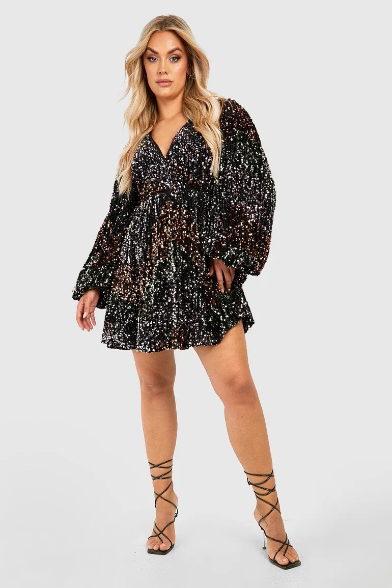 Shop Plus Rainbow Sequin Blouson Skater Dress - black Online in Oman