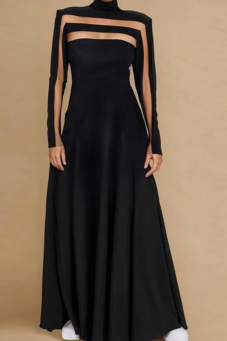 فستان ماكسي بتصميم بشكل A بأكمام طويلة بياقة عالية بفتحة - 1