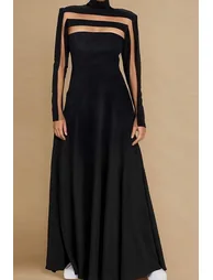 فستان ماكسي بتصميم بشكل A بأكمام طويلة بياقة عالية بفتحة - 1