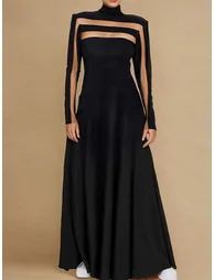 فستان ماكسي بتصميم بشكل A بأكمام طويلة بياقة عالية بفتحة