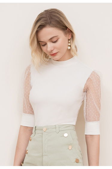 Flock Dots Elbow Sleeves Ribbed Top in White