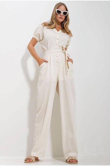Women's Cream Front Buttoned Double Pocket Mikanos Linen Jumpsuit