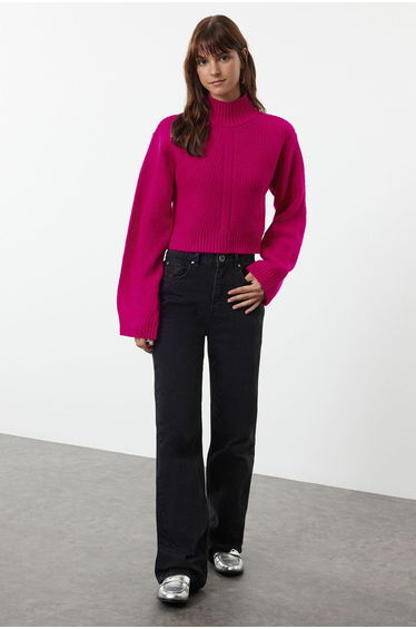 Fuchsia Crop Soft Textured Stand Collar Knitwear Sweater