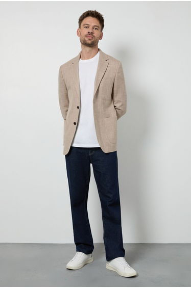 Beige Textured Patch Pocket Slim Fit Blazer