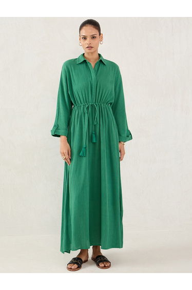 Green Crinkled Collared A-Line Maxi Dress with Drawstring Waist