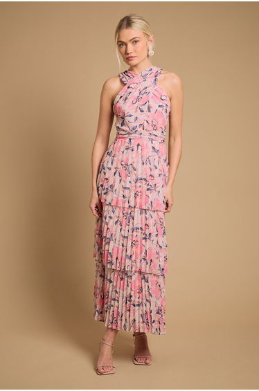 Halterneck Pleated Tiered Maxi Dress