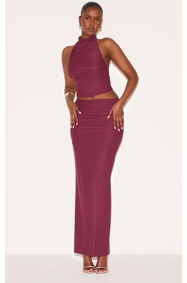 Wine Soft Touch Ruched Maxi Skirt