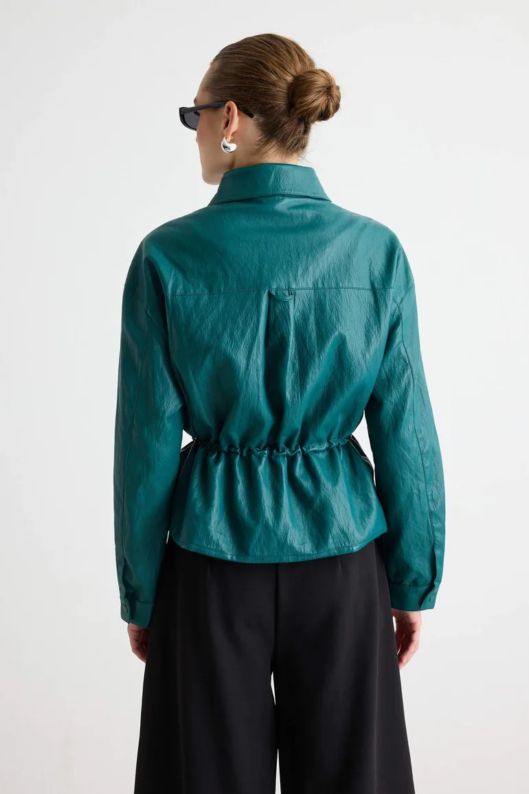 Dark Green Regular Fit Adjustable Waist Soft Faux Leather Jacket Coat - 8