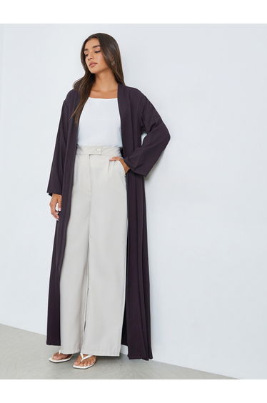 Purple Front Open Linen Look Abaya