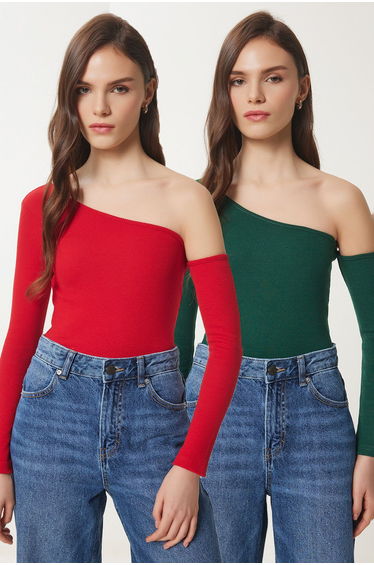 Women's Red Green Open Shouldered Ribbed 2-Piece Knitted Blouse