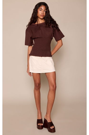 Chocolate Cotton Linen Blend Shirred Short Sleeve Top