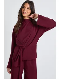 Woven Drape Long Sleeve Blouse & Trouser Co-Ord - burgundy - 3