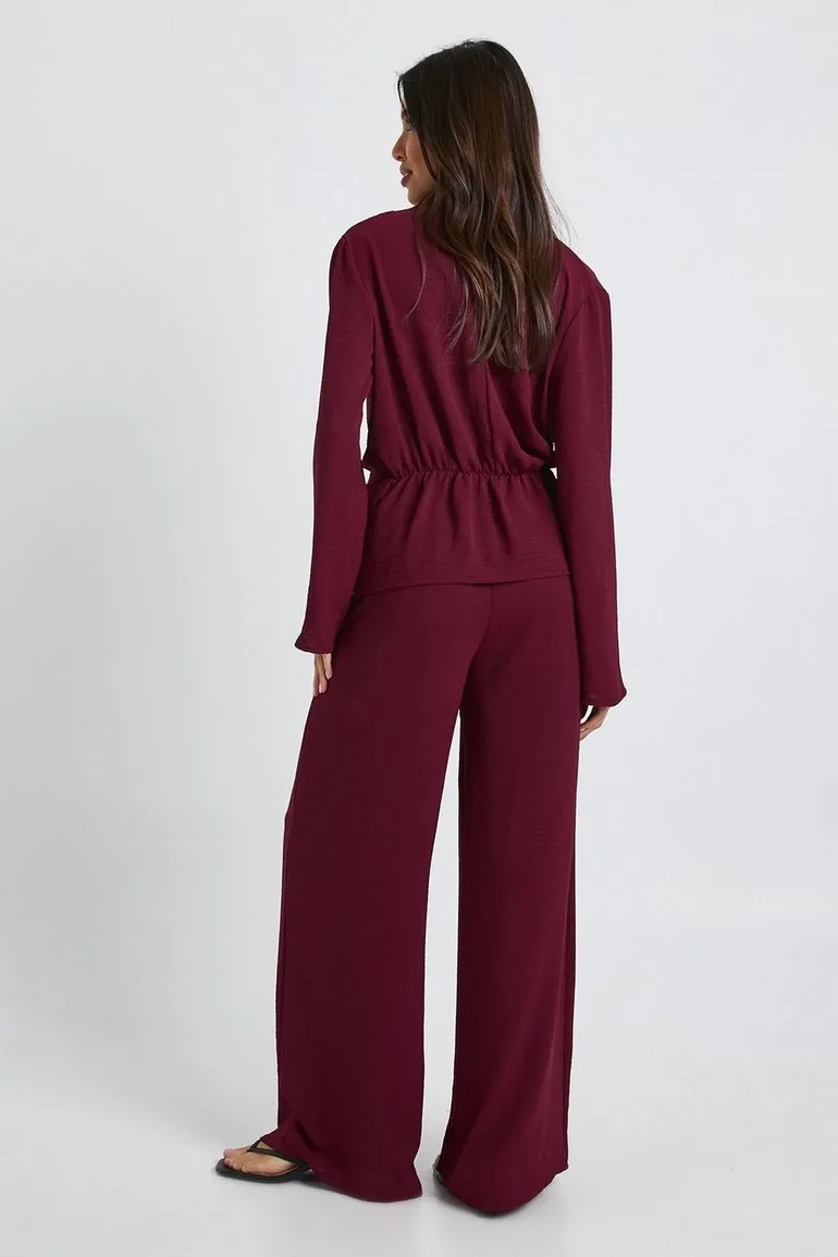 Woven Drape Long Sleeve Blouse & Trouser Co-Ord - burgundy - 1