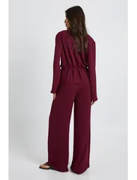 Woven Drape Long Sleeve Blouse & Trouser Co-Ord - burgundy - 1