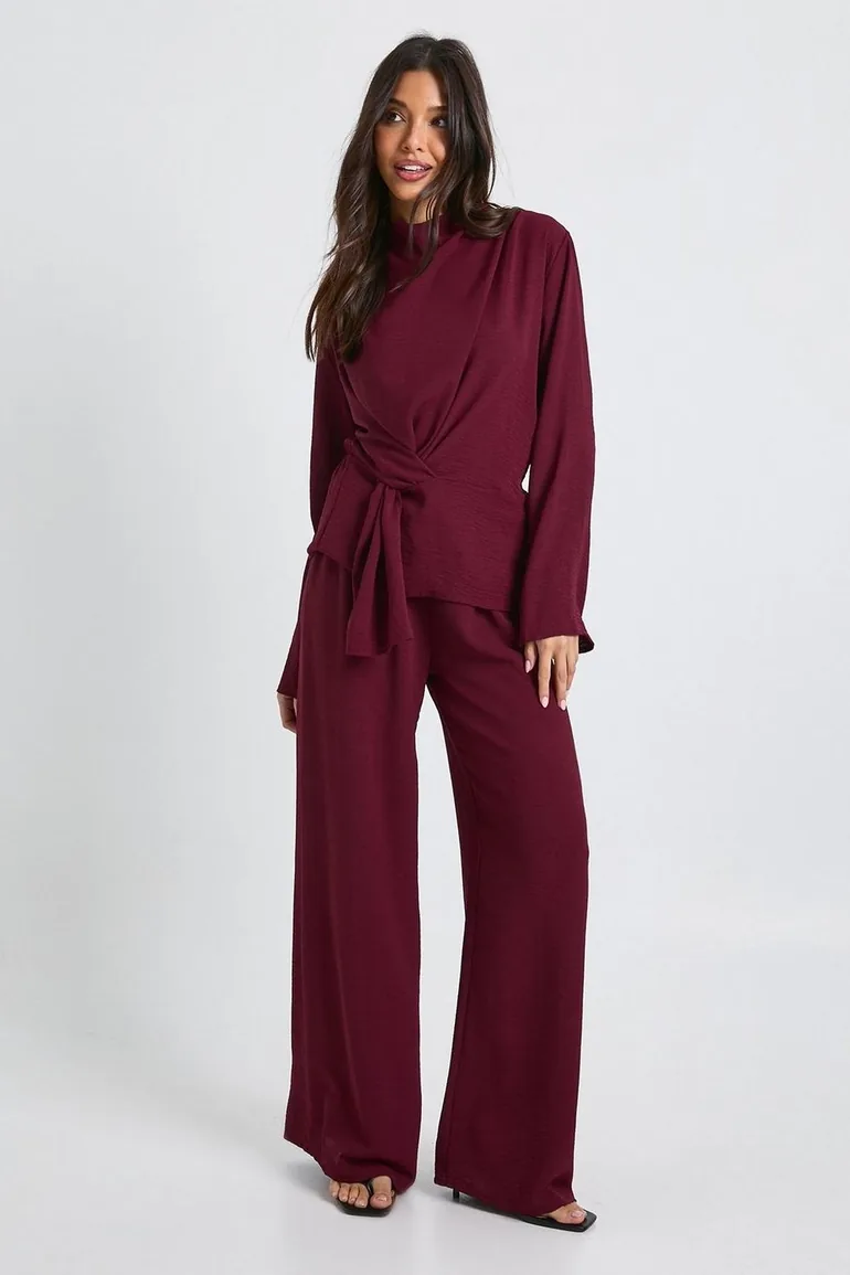 Woven Drape Long Sleeve Blouse & Trouser Co-Ord - burgundy - 2